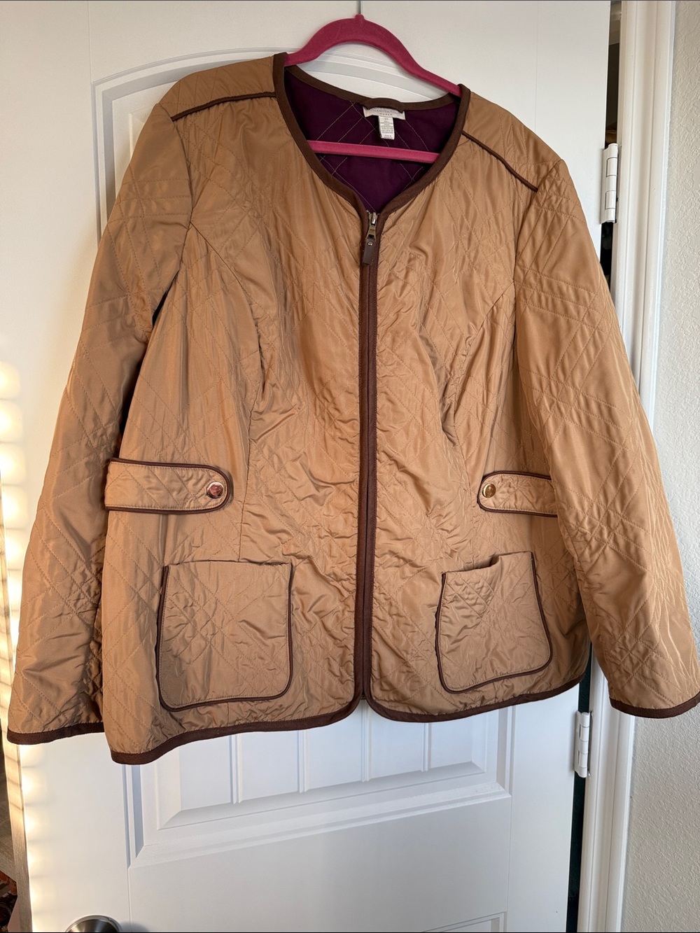 Charter Club Quilted Tan Jacket with Brown Trim